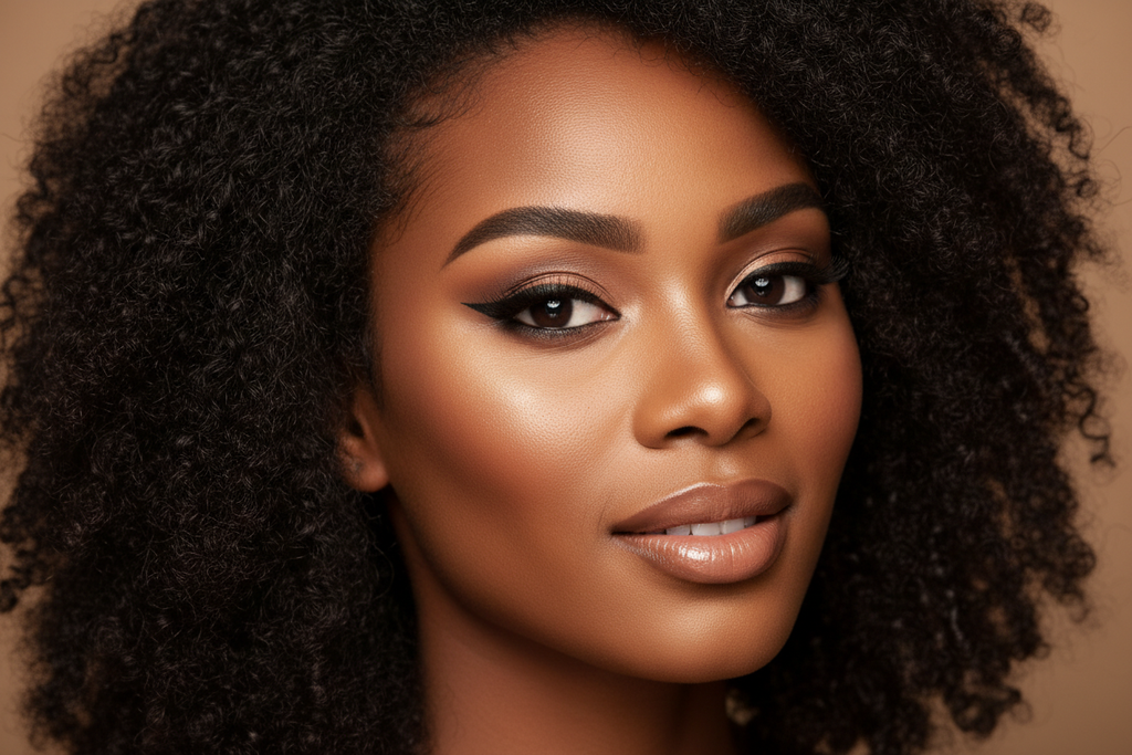 Dark skinned black lady with heavy think winged tip eyeliner make up on
